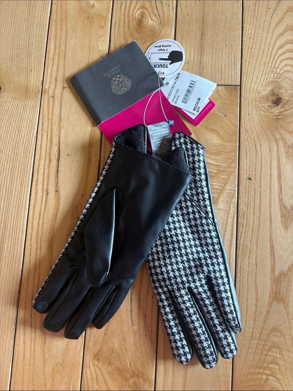 Vince Camuto Black Leather-Style & Black-and-White Houndstooth Men's Gloves